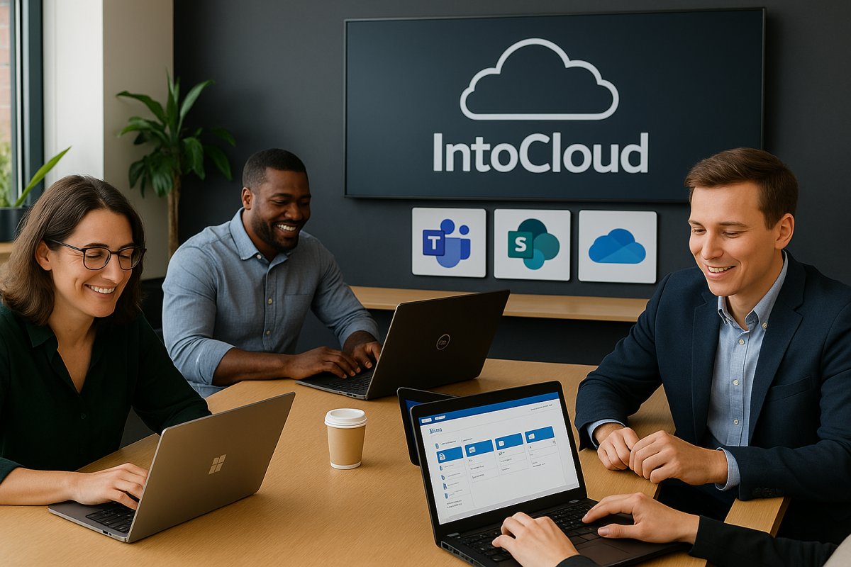 Zespół pracowników korzystający z chmury IntoCloud w nowoczesnym biurze, z widocznymi aplikacjami Teams, SharePoint i OneDrive na ekranach laptopów