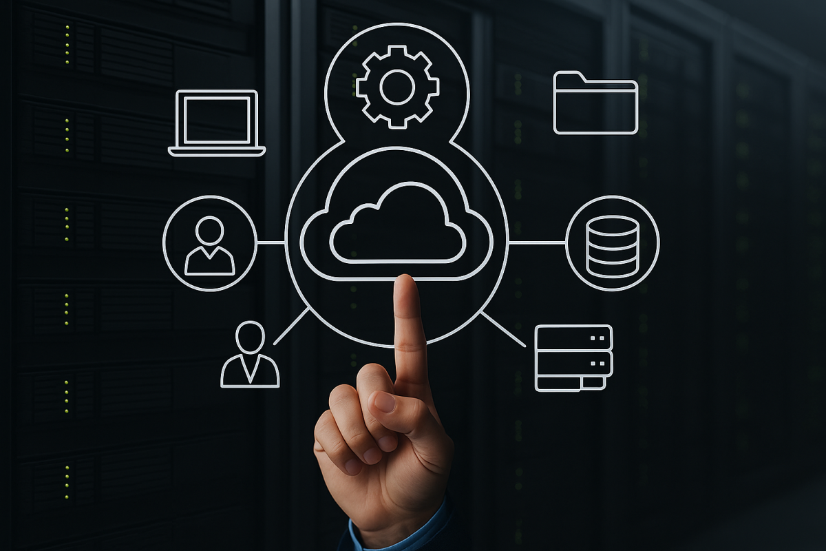 Grafika koncepcyjna przedstawiająca ikonę chmury połączoną z elementami IT w tle serwerowni, symbolizująca infrastrukturę chmurową IntoCloud