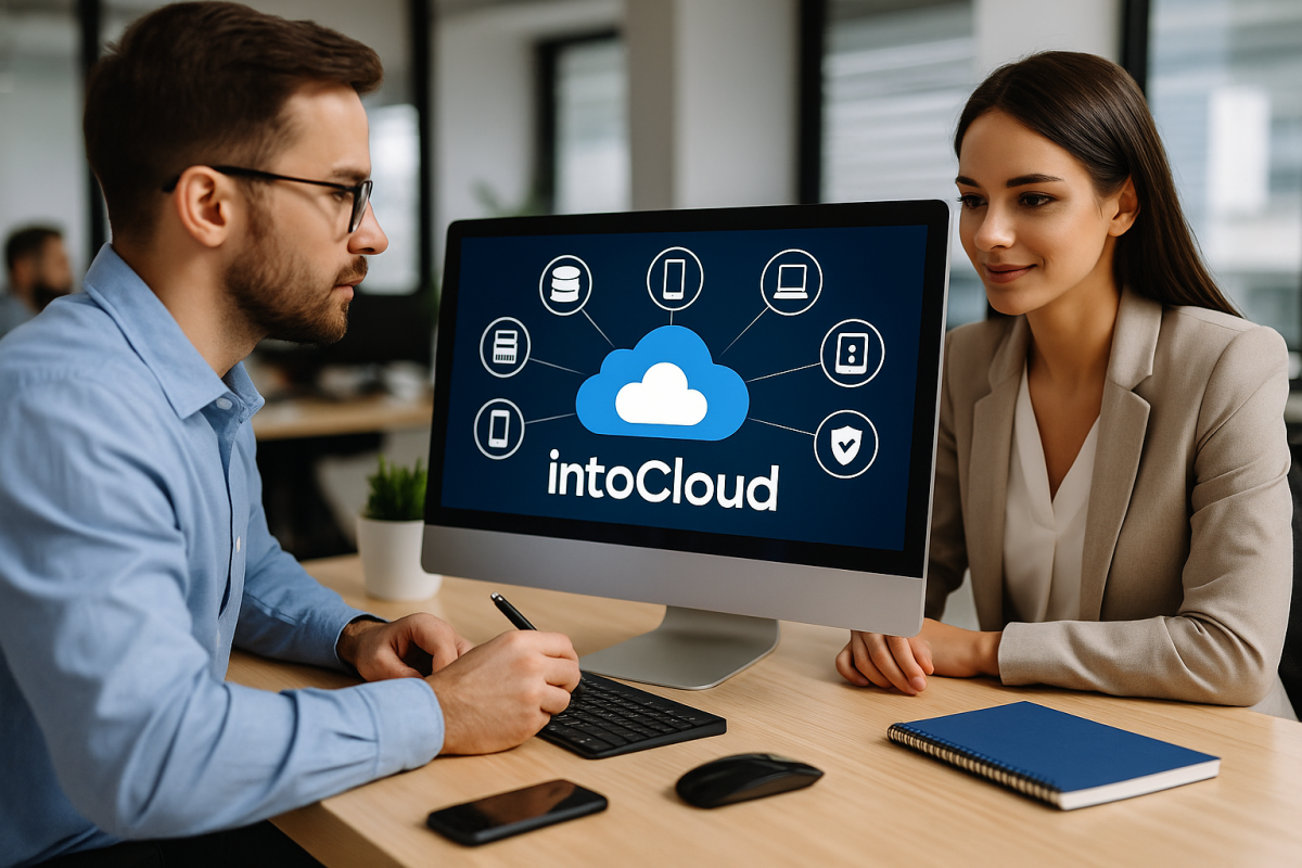 Dwoje profesjonalistów siedzi przy biurku, patrząc na ekran komputera z widocznym logo IntoCloud i ikonami rozwiązań chmurowych.