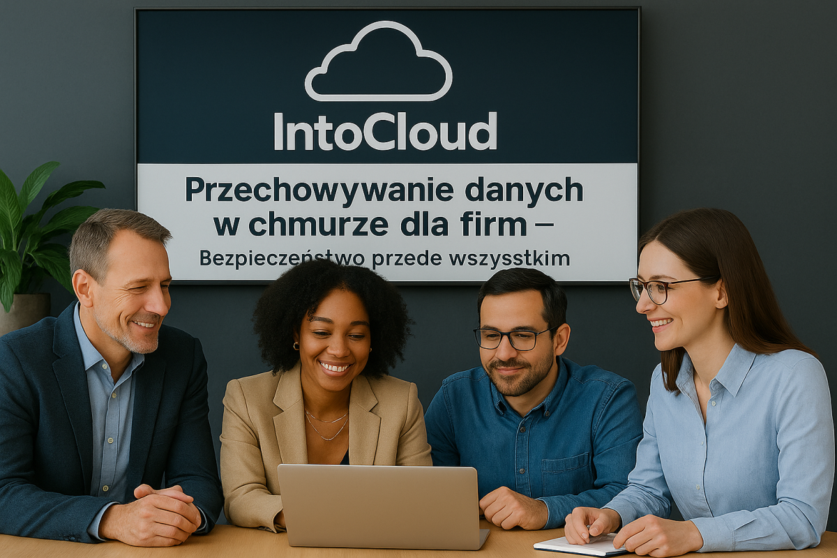 Czteroosobowy zespół w biurze współpracuje przy laptopie, a za nimi widoczny jest baner IntoCloud z hasłem o bezpieczeństwie danych w chmurze.