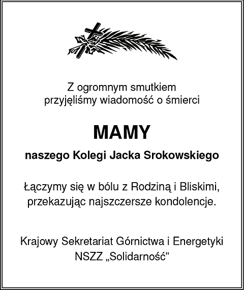 Kondolencje NSZZ Solidarnosc J Srokowski